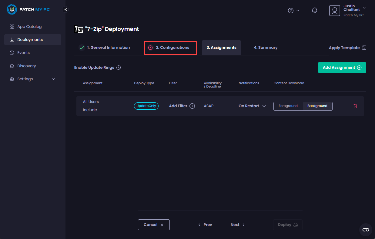 Clicking the “Configurations” page