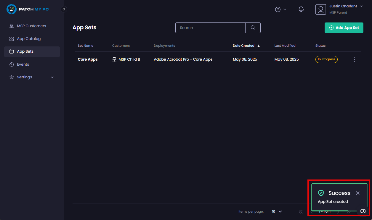 “App Sets” showing the newly created deployment