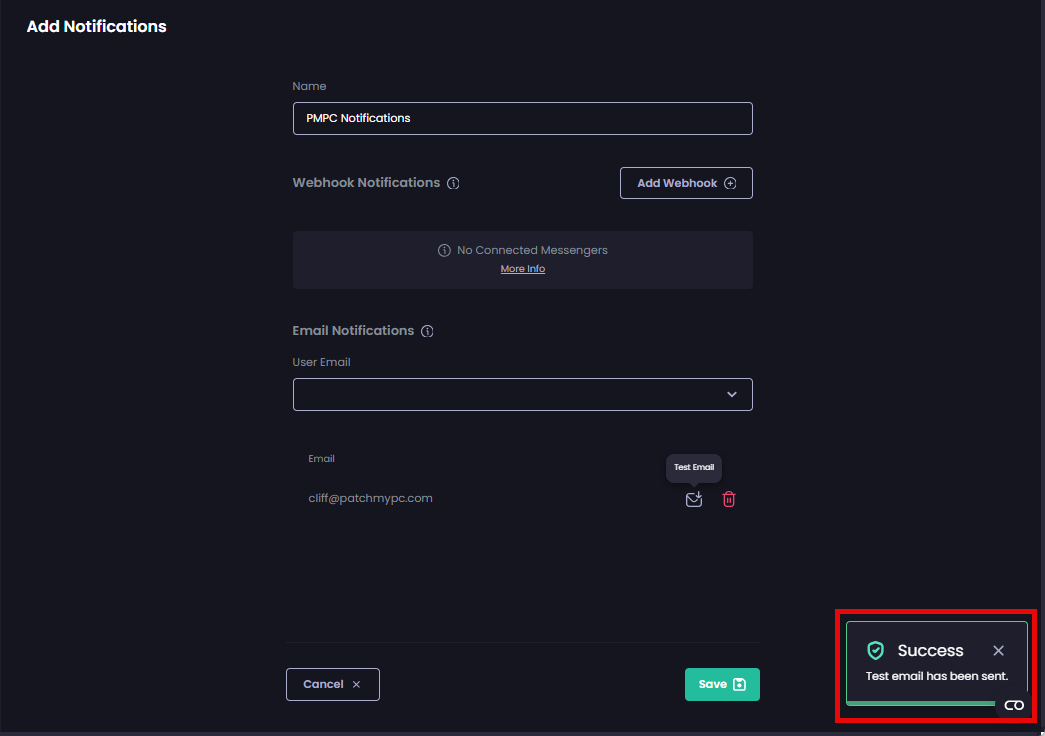 'Success - Test email has been sent' notification