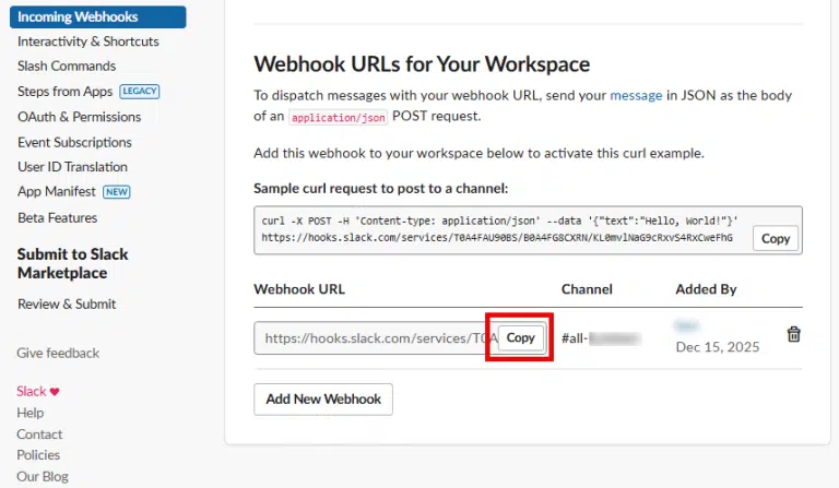 Copy the Webhook URL