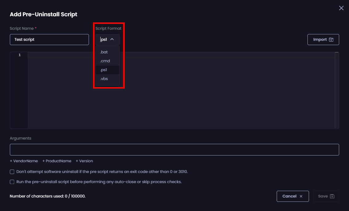 Selecting the type of script from the “Script Format” dropdown.