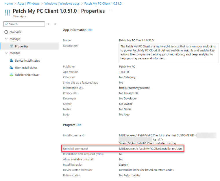 Example of uninstall deployment in the Intune admin center to uninstall the PMPC Client
