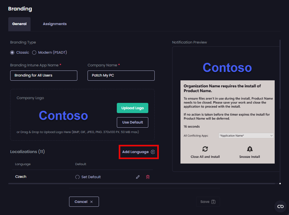 Clicking 'Add Language'