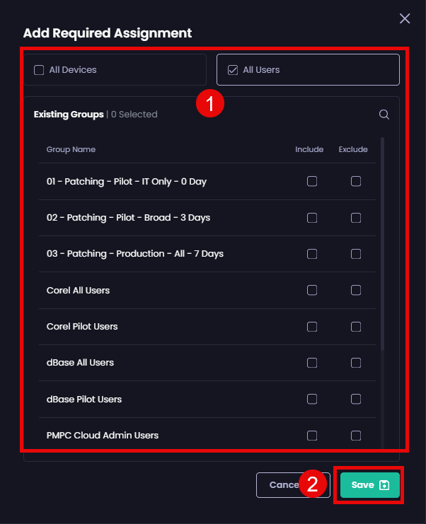 Choosing the relevant Entra ID security groups to target for this branding app on the 'Add Required Assignment' screen, then clicking 'Save'