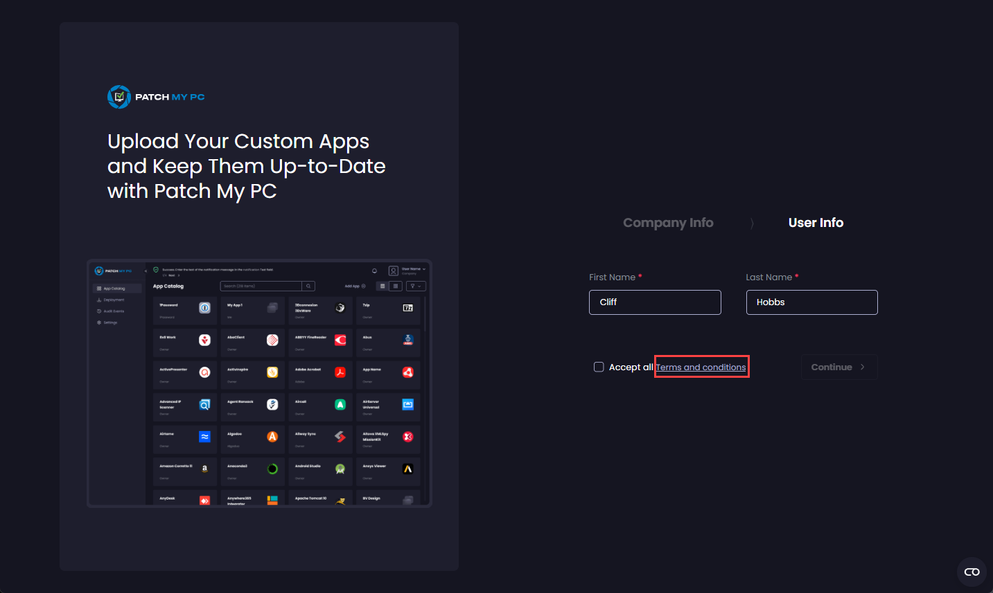 Click “Terms and Conditions” to view the T&Cs for you using PMPC software and services