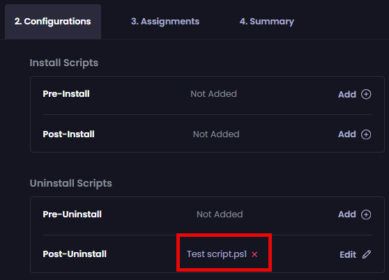 “Configurations” tab re-displayed with the name of the configured script beside it