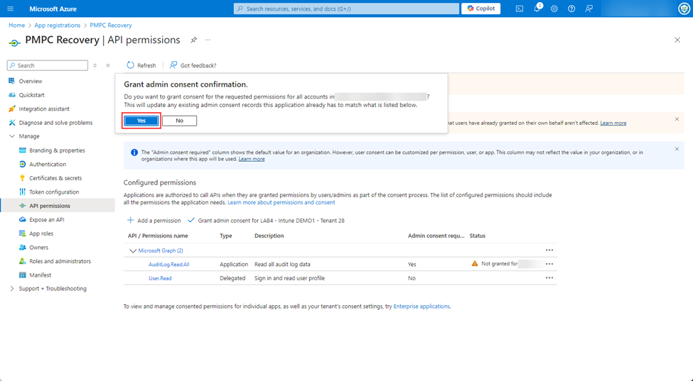 Clicking 'Yes' on the 'Grant admin consent confirmation' popup