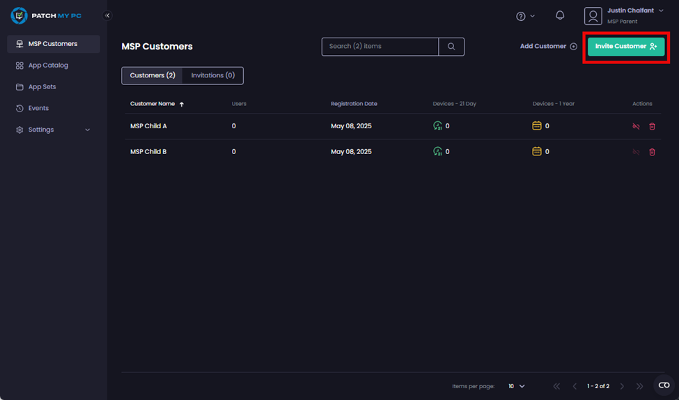 Clicking 'Invite Customer'