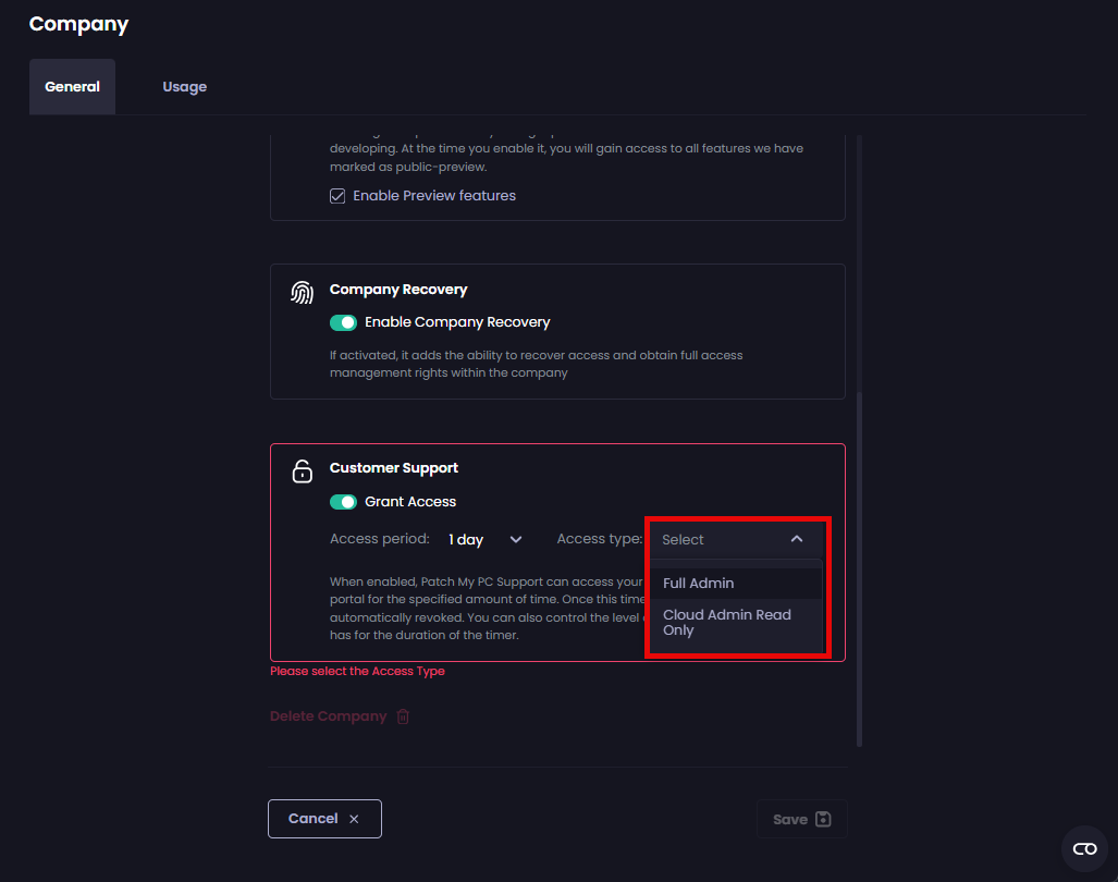“Access type” dropdown
