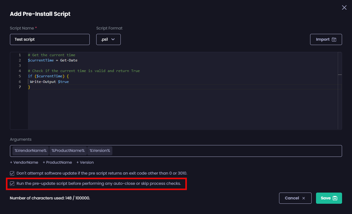 	Checking the “Run the pre-update script before performing any auto-close or skip process checks” checkbox