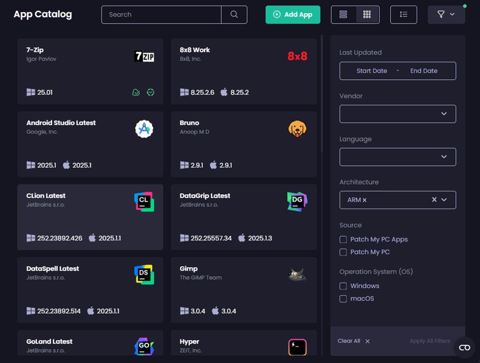 “ARM” filtered list of apps.
