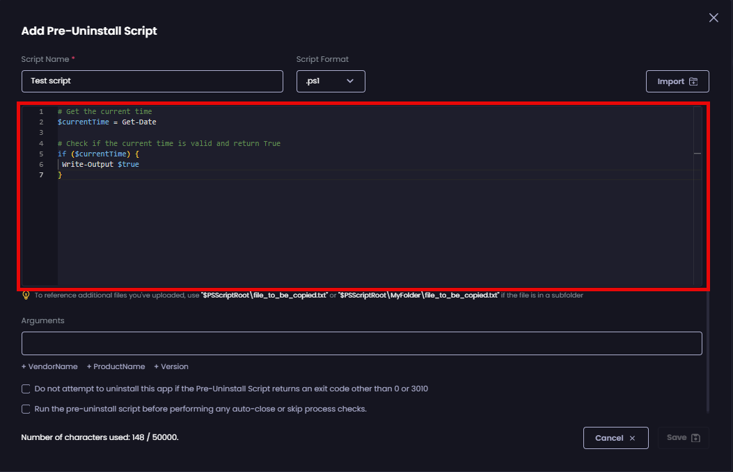 'Add Pre-Uninstall Script' page is populated with the imported script.