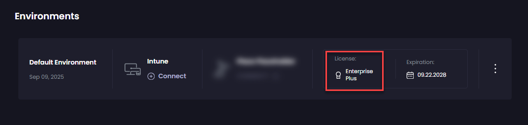 'Environment' updates showing the newly activated license