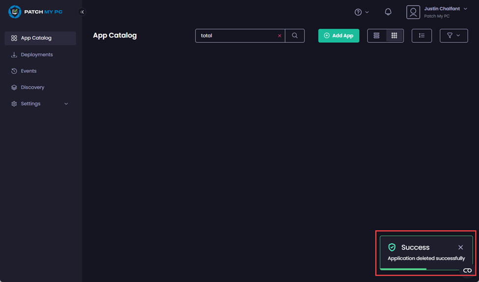 “Success – Application deleted successfully” notification 