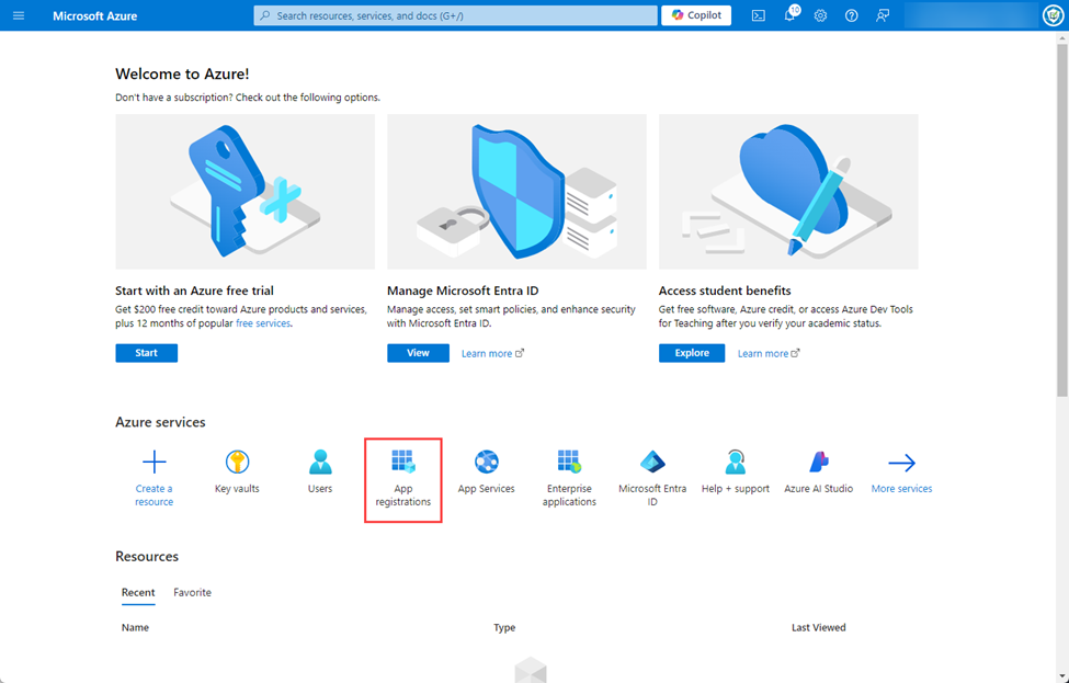 Clicking the “App Registrations” blade 
