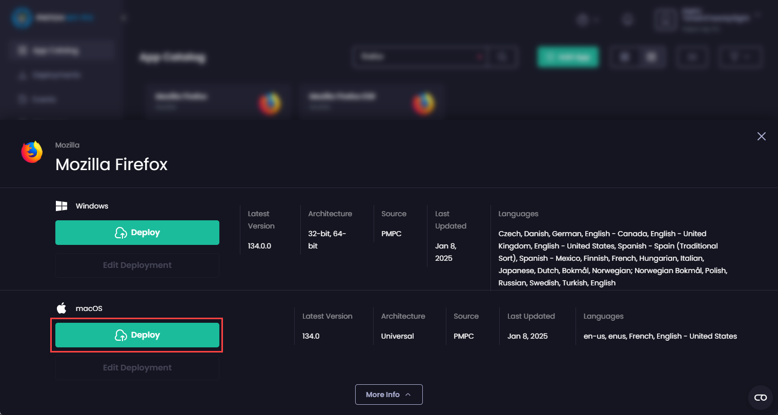 Clicking “Deploy” under the “macOS” section