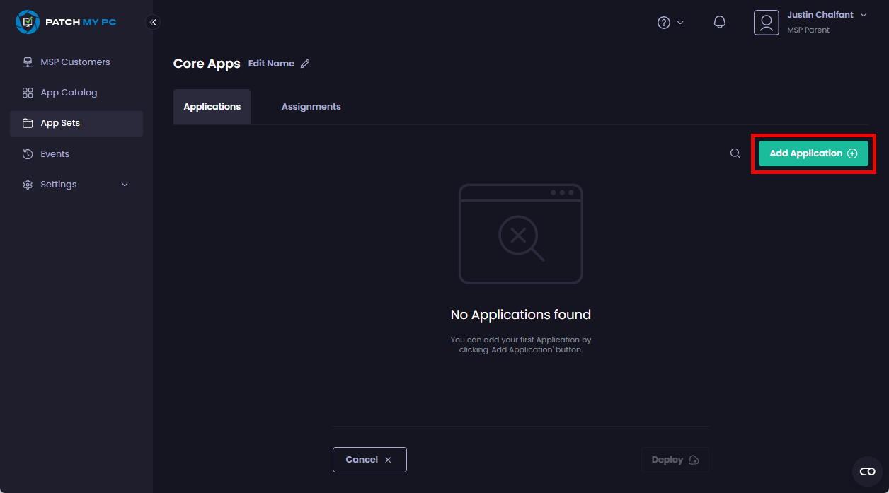 Clicking “Add Application” to add an application to this App Set