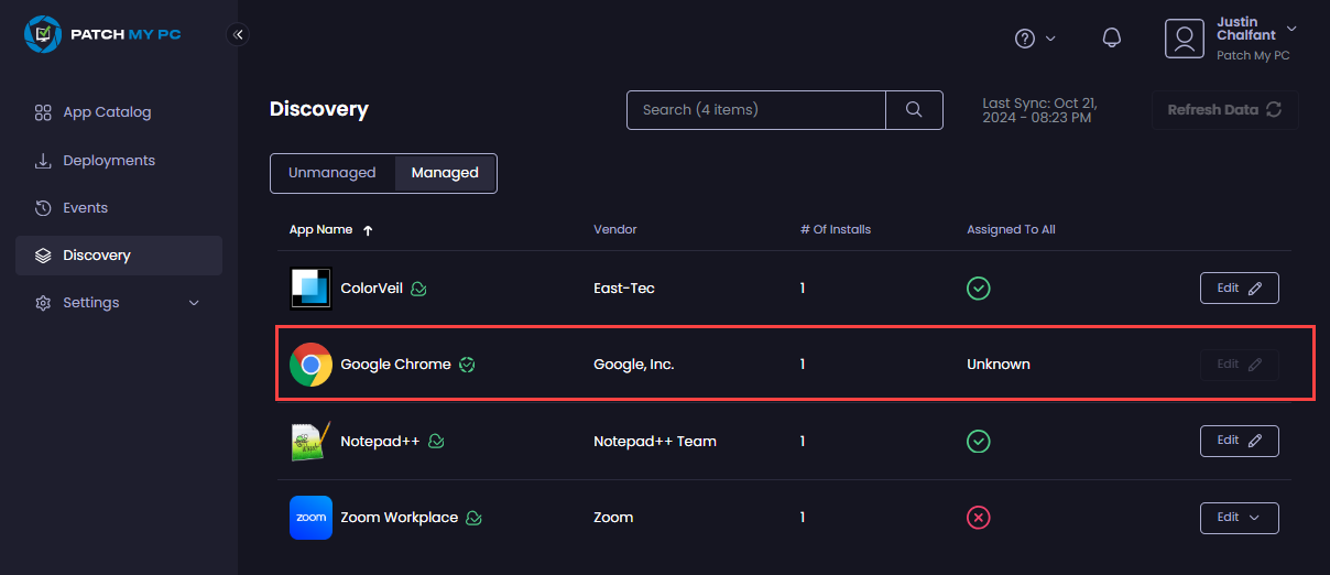 How an app only deployed through Publisher appears in the “Managed” tab 