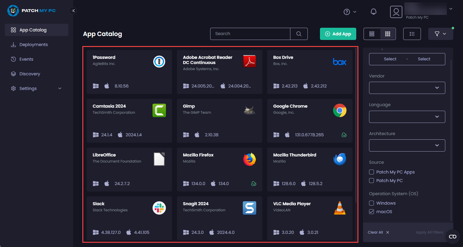 App Catalog updating to show only the apps that match the selected filters.