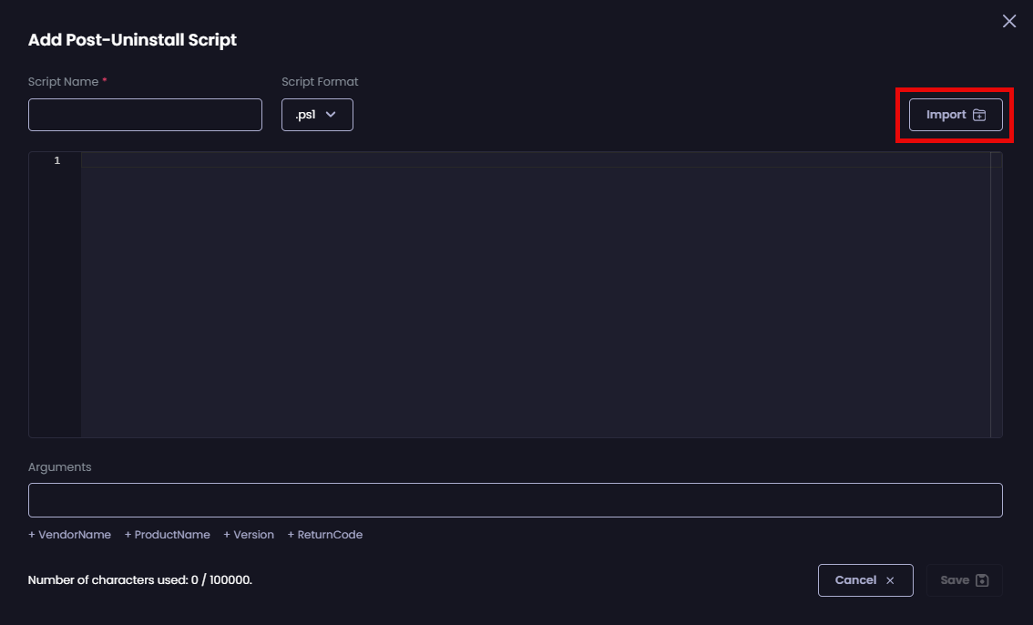 Clicking “Import” to import an existing script