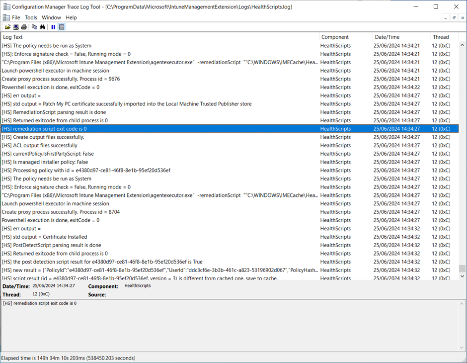 “HealthScripts.log” snippet showing the pre-remediation (detection) script did not find the certificate already installed in the local machine’s Trusted Publishers store and the remediation script was run successfully (Exit code of the script is 0).