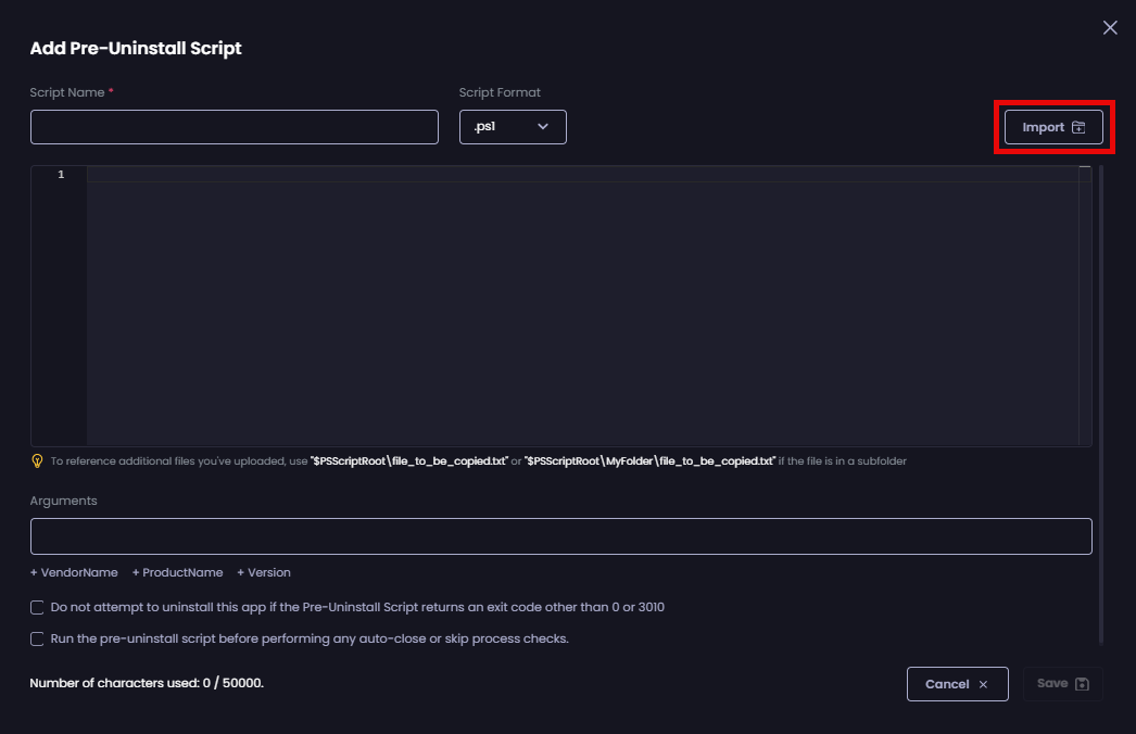 Clicking 'Import' to import an existing script