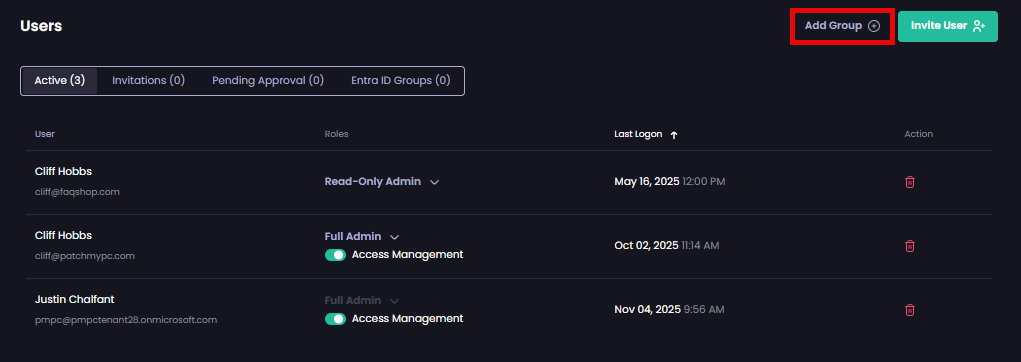 Clicking 'Add Group'