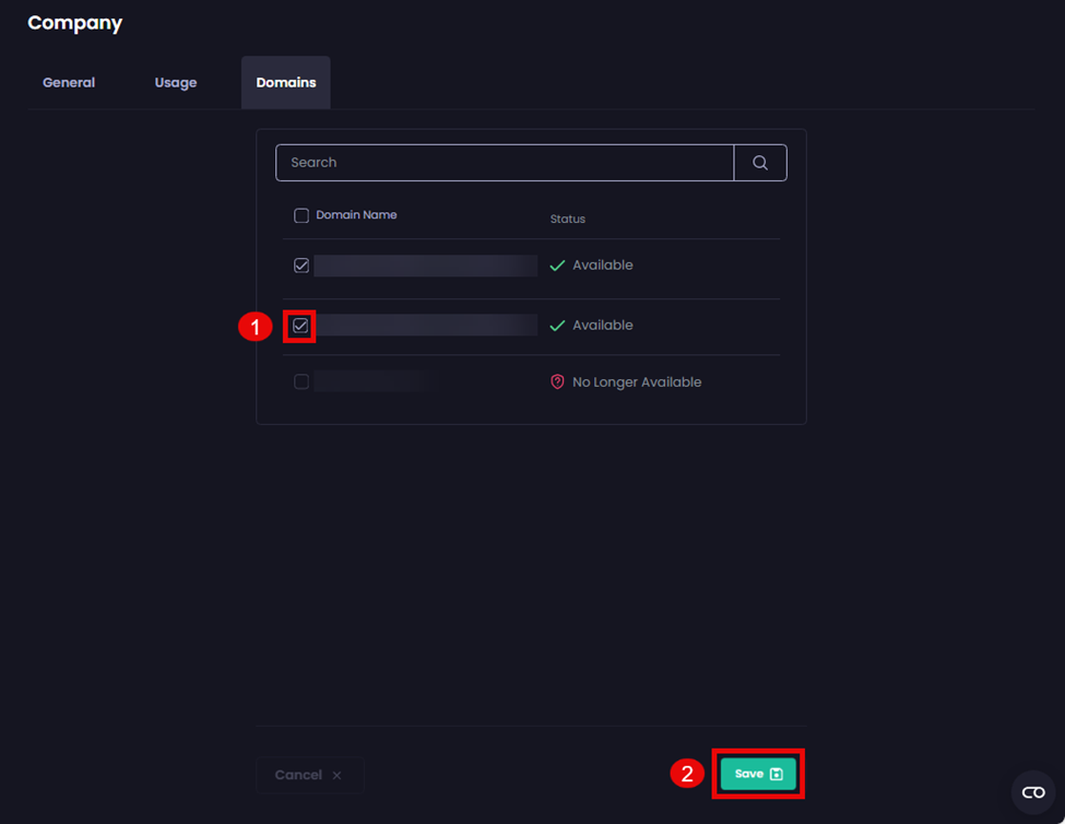 	Selecting the checkbox beside the relevant domain you want to enable and clicking ‘Save’