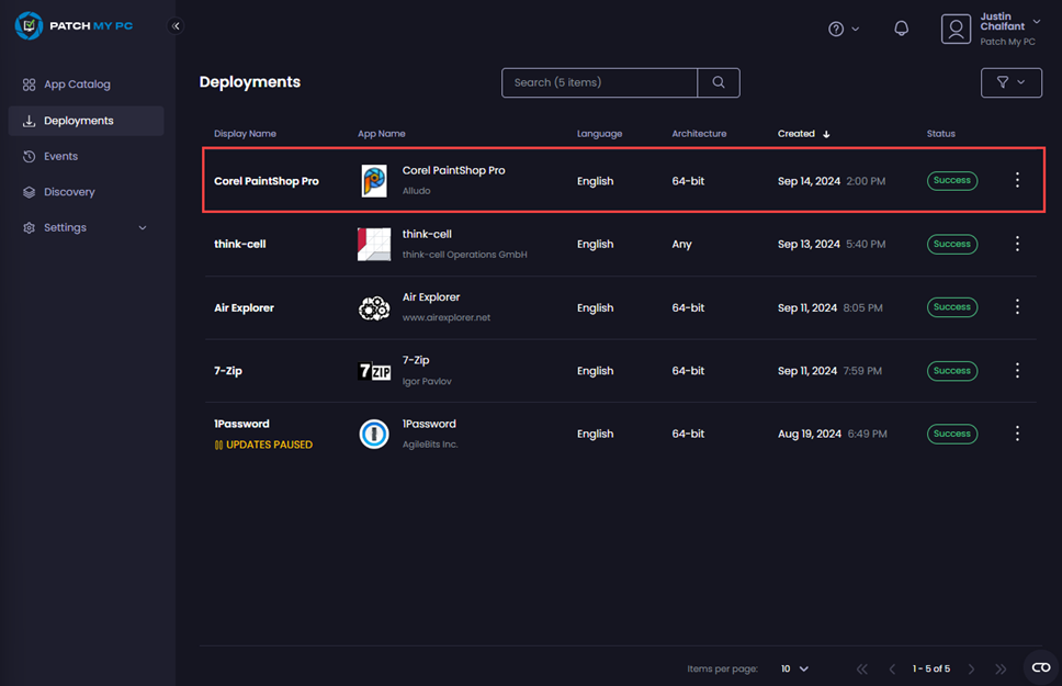 Clicking the relevant deployment you want to edit 