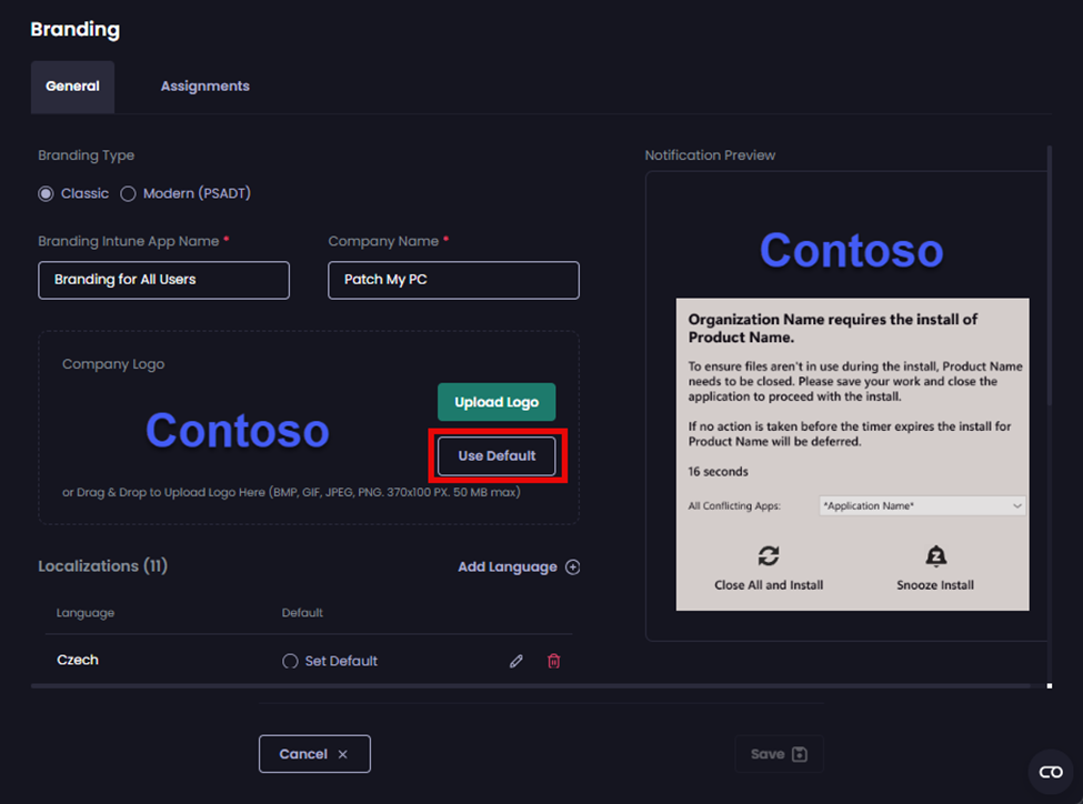 Clicking 'Use Default' in the 'Company Logo' area