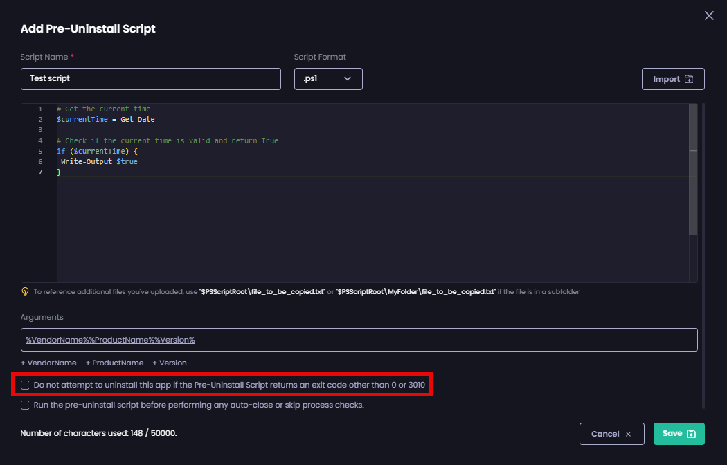 Checking the 'Don’t attempt software uninstall if the pre script returns an exit code other than 0 or 3010' checkbox