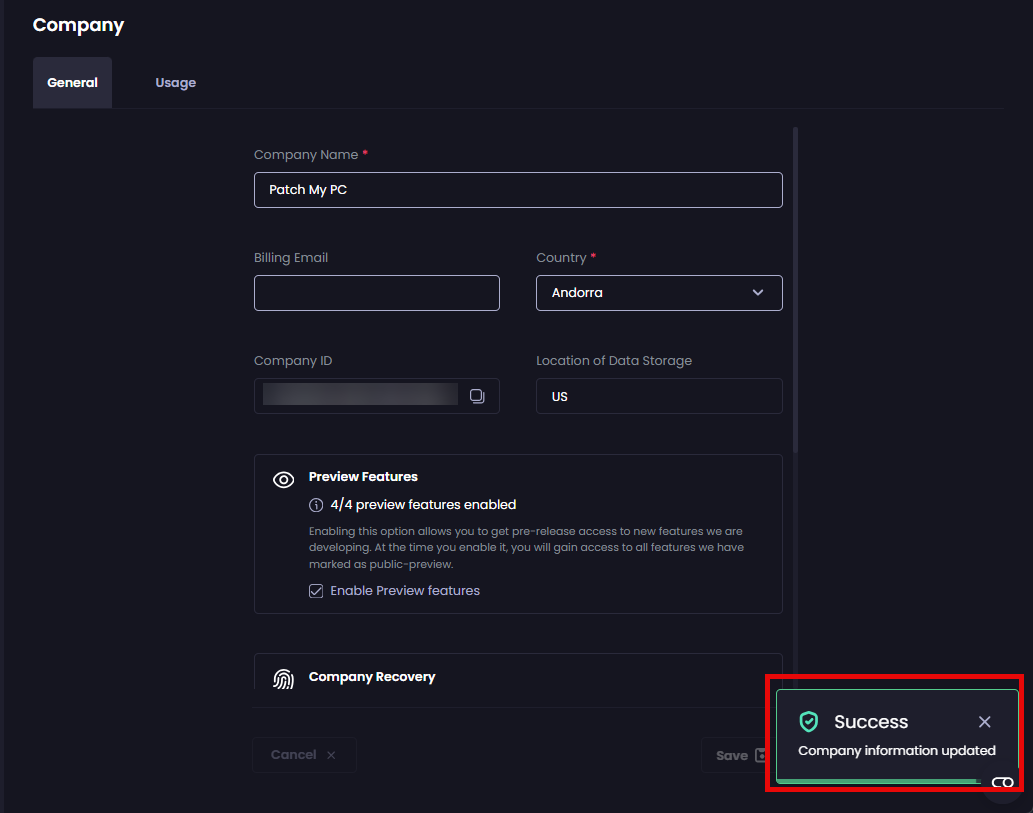 "Success - Company information updated" notification