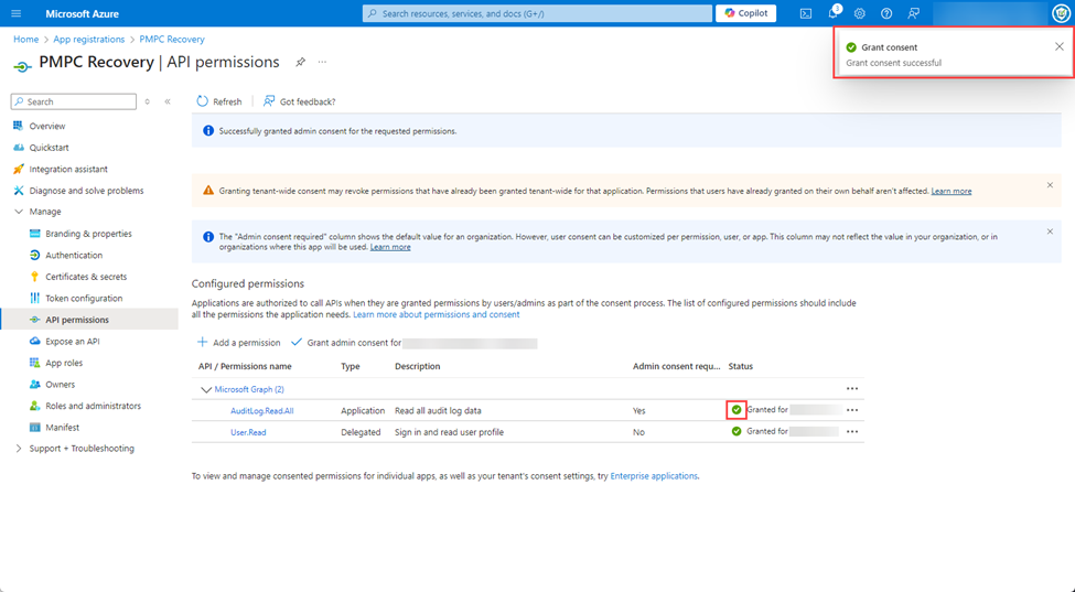 'Grant consent - Grant consent successful notification' shown and the 'Status' for the 'AuditLog.Read.All' permission changes to a green tick.