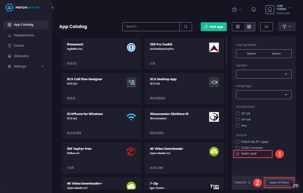 Selecting the checkbox for the relevant company that created the Custom App and clicking “Apply All Filters