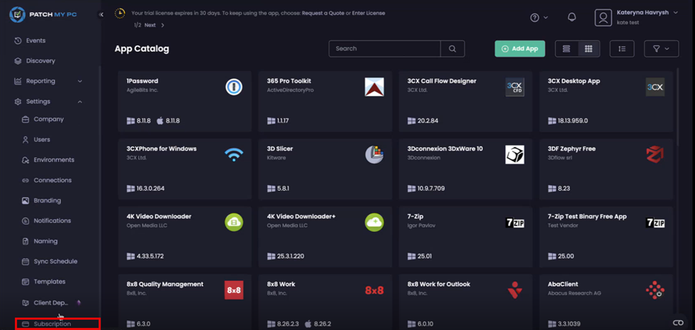 PMPC Cloud portal displayed, including 'Subscription' page