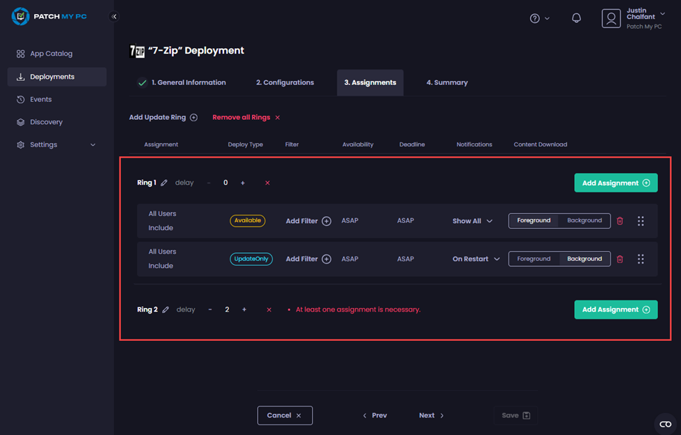 Any existing assignments are moved into the first Update Ring.