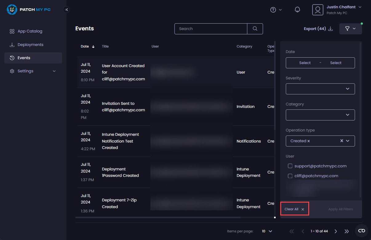 Using “Clear All” to remove a filter