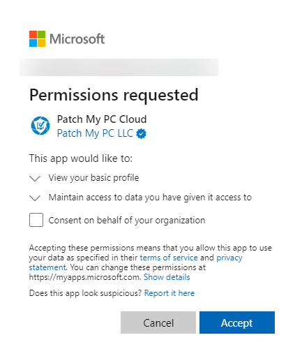 “Permissions requested” dialog box