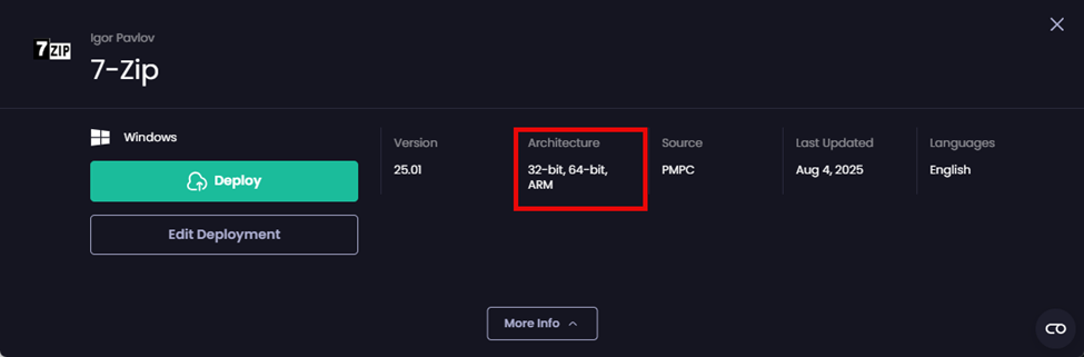 “ARM” listed under the “Architecture” field on the properties page of an app.