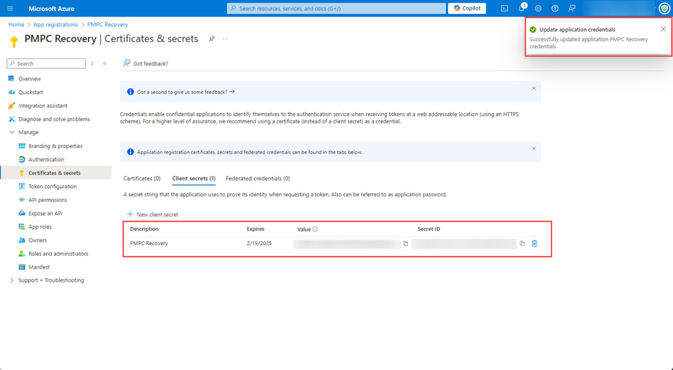 New Client Secret and the 'Update application credentials - Successfully updated application PMPC Recovery credentials' notification