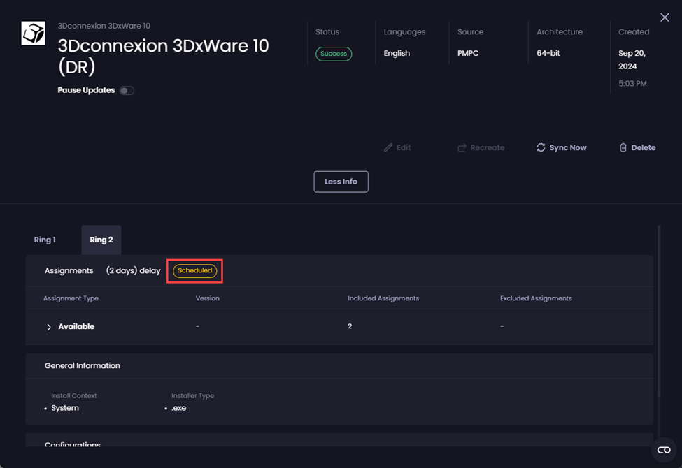 “Ring 2” has a status of Scheduled meaning it has yet to be created as the configured delay has not passed.