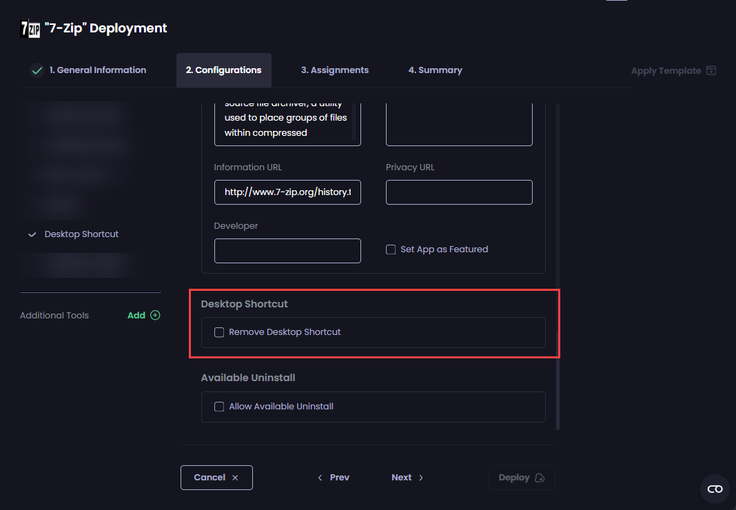 'Desktop Shortcut' settings