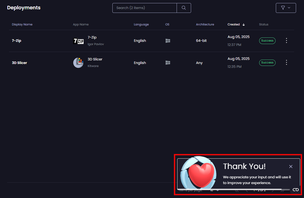 “Thank You” notification