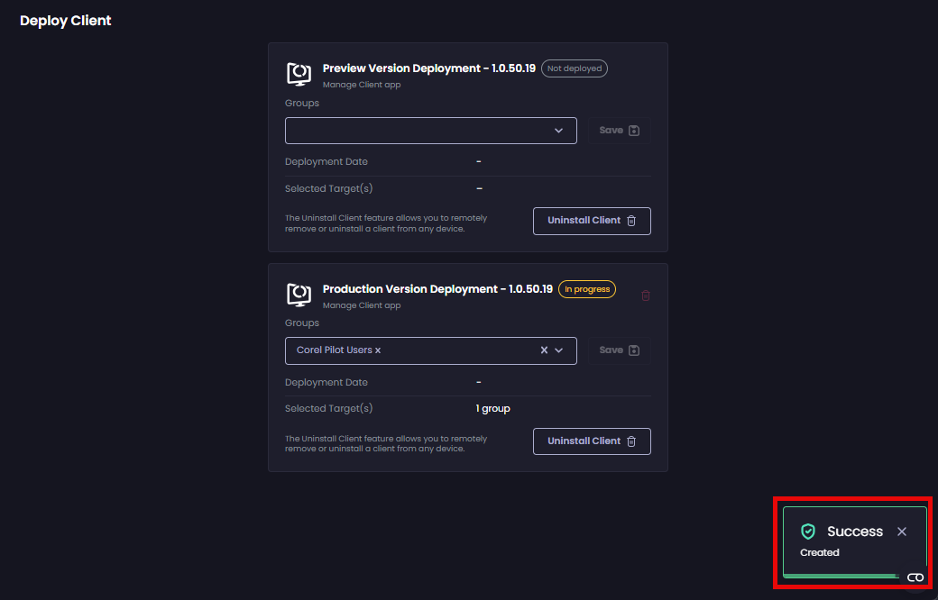 'Success – Created' notification