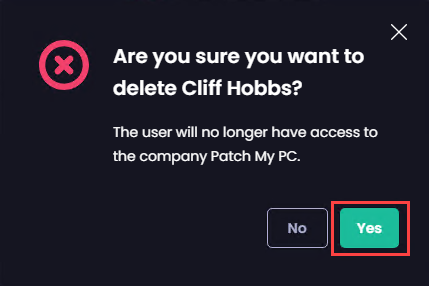 Clicking “Yes” to confirm the deletion of the user
