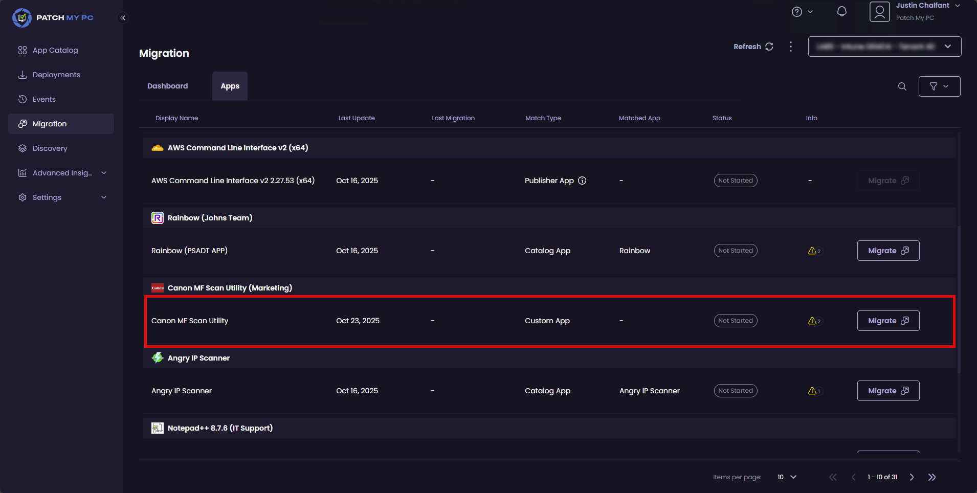 Select the application to migrate
