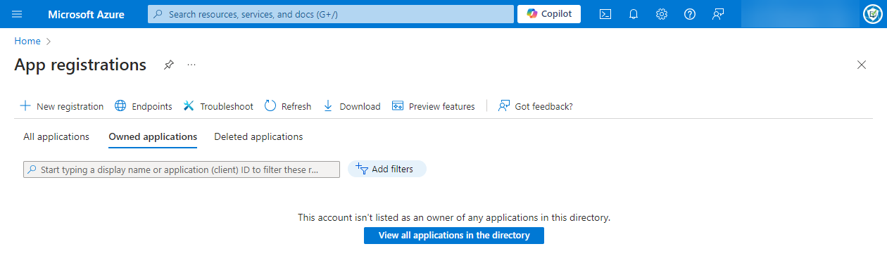 Navigating to the “App registrations” blade