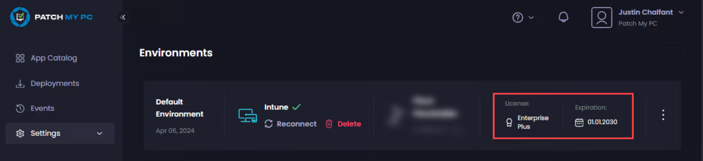“License” tab of the “Environments” page showing your license type and expiry
