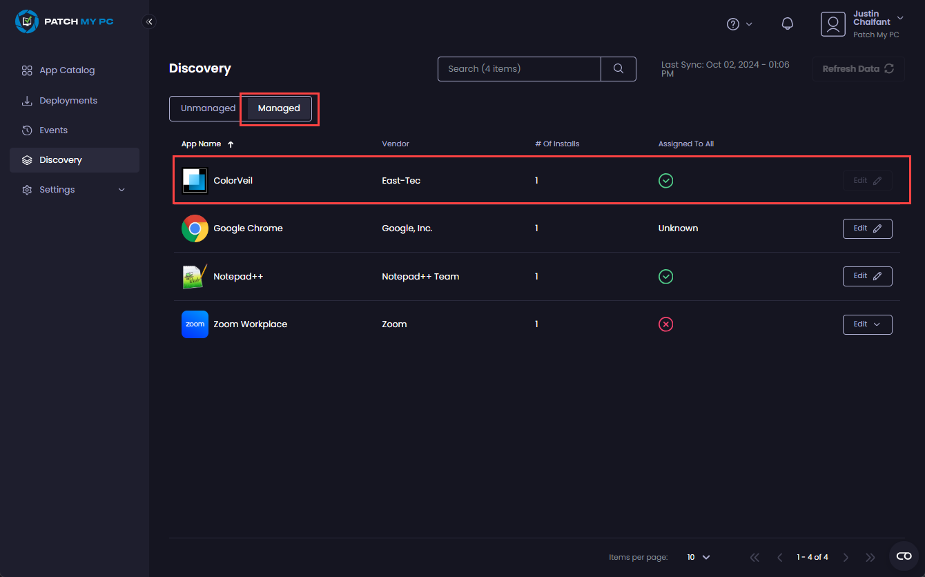 Deployed app now appears on the “Managed” tab