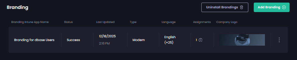 'Branding' screen is redisplayed showing the branding app has been deleted.